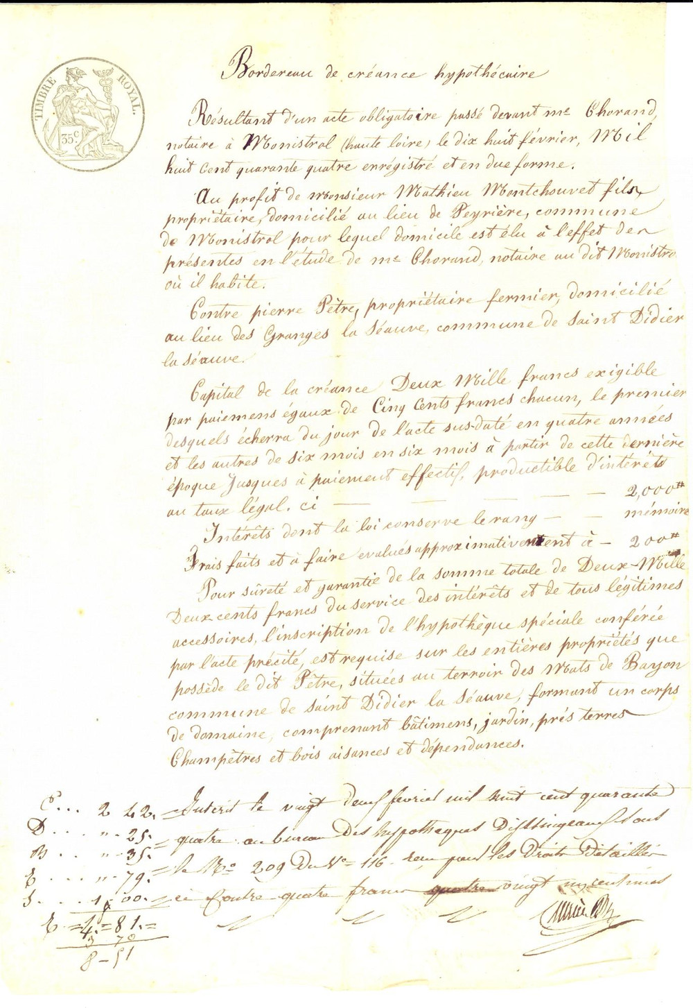 Documento originale, autentico 1819 MONISTROLSURLOIRE F Mathieu MONTCHOUVET contre dÃ©biteur Pierre PETRE 1