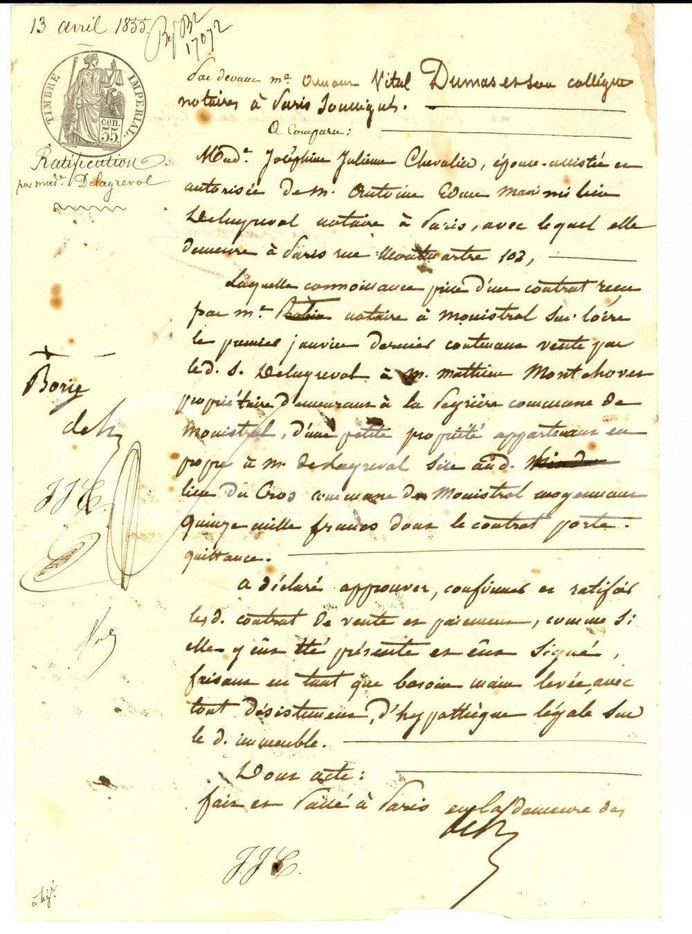 Documento originale, autentico 1835 MONISTROLSURLOIRE F JosÃ©phine CHEVALIER ratifica vendita DELAGREVOL 1