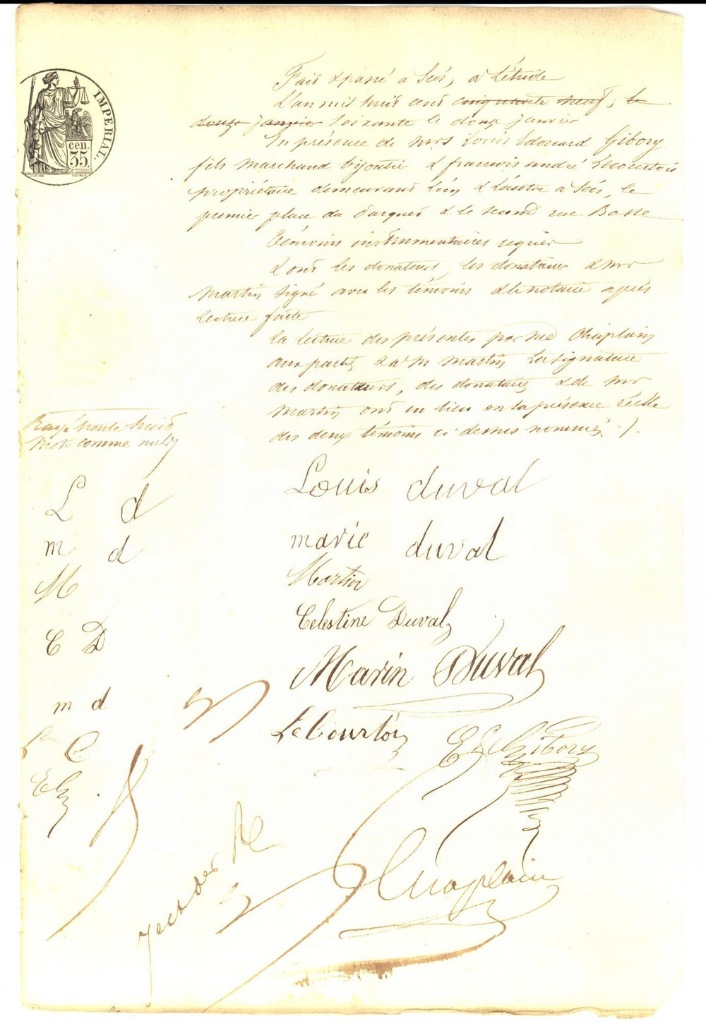 Documento originale, autentico 1872 SEES F Louise e Marie DUVAL testimoni su donazione Manoscritto 1