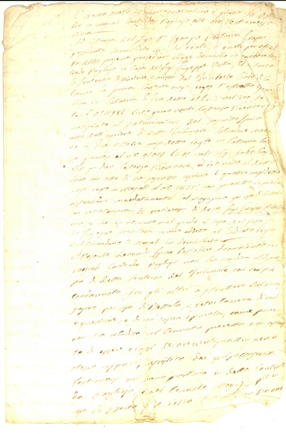 Documento originale, autentico 1841 MASCALI CT Don Ignazio PLATANIA GRASSI sfratta bettoliere Leonardo SPINA 1