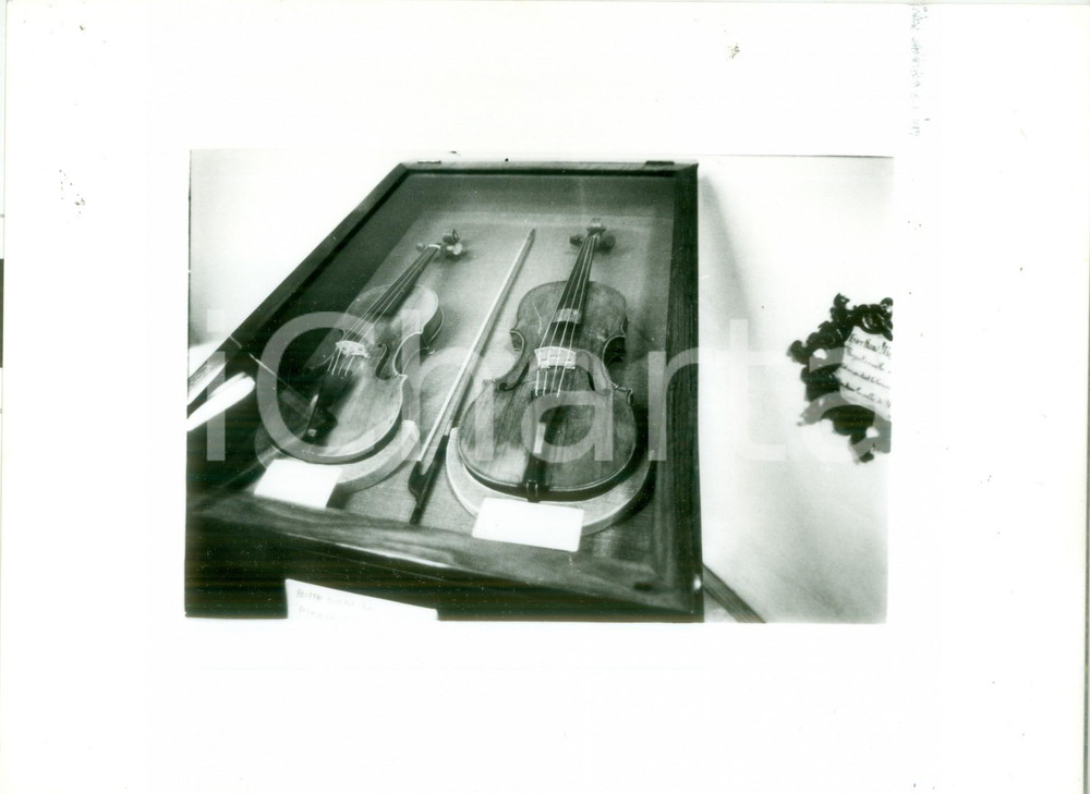 Fotografia d epoca originale 1990 ca SALZBURG AUSTRIA Casa natale di MOZART Violini esposti in teca Foto 1