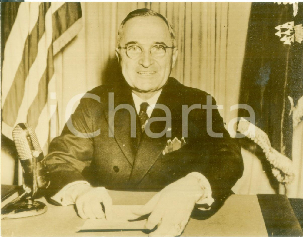 Fotografia d epoca originale 1945 USA WW2 Presidente Harry S. TRUMAN annuncia resa della GERMANIA Fotografia 1