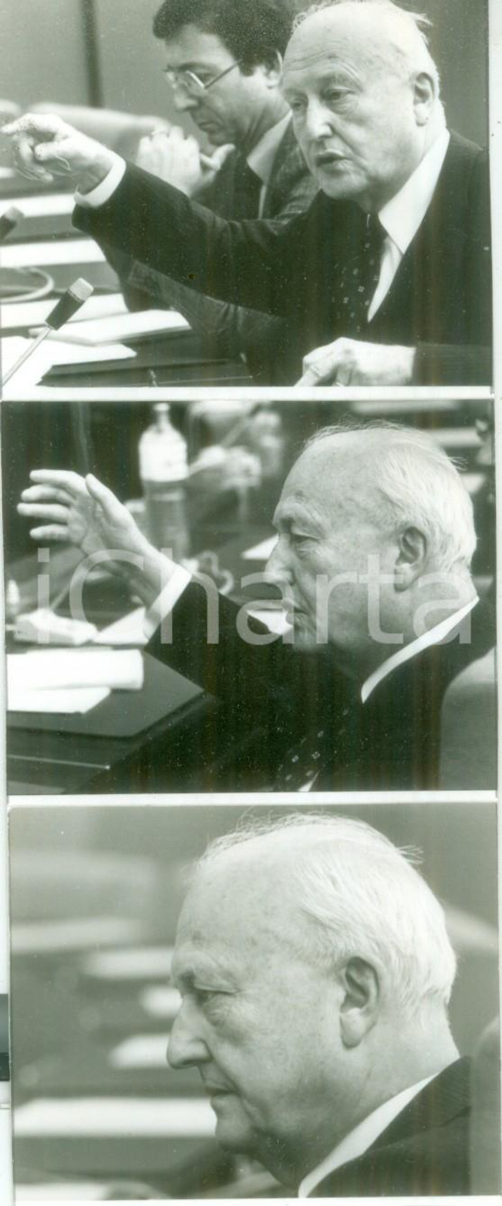 Fotografia d epoca originale 1985 ca STRASBOURG FRANCE Presidente Pierre PFLIMLIN in Consiglio Fotografia 1