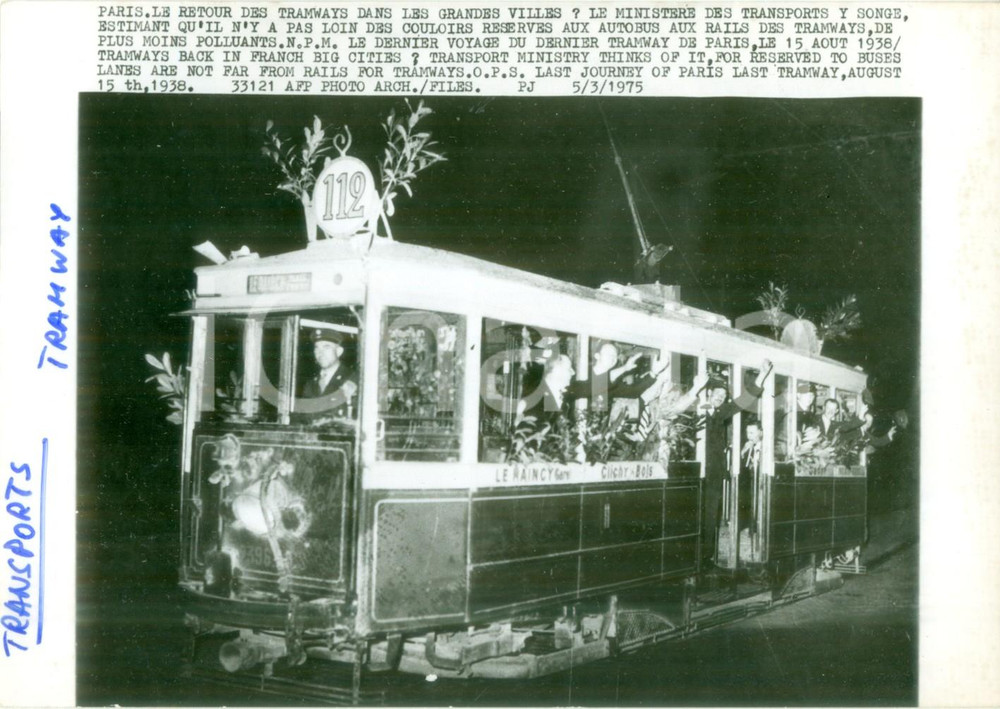 Fotografia d epoca originale 1975 PARIS Il ritorno dei tram nelle grandi cittÃ   Il tram 112 Telefoto 1