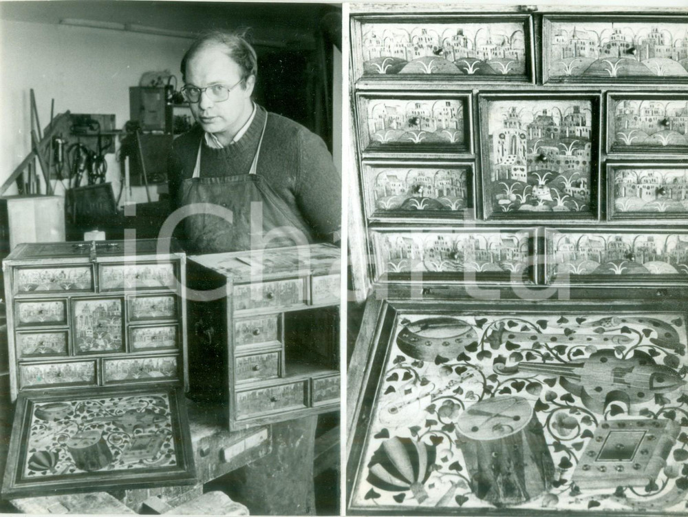 Fotografia d epoca originale 1981 FRANCIA ARTIGIANATO Artigiano decoratore di mobili Fotografia doppia 1