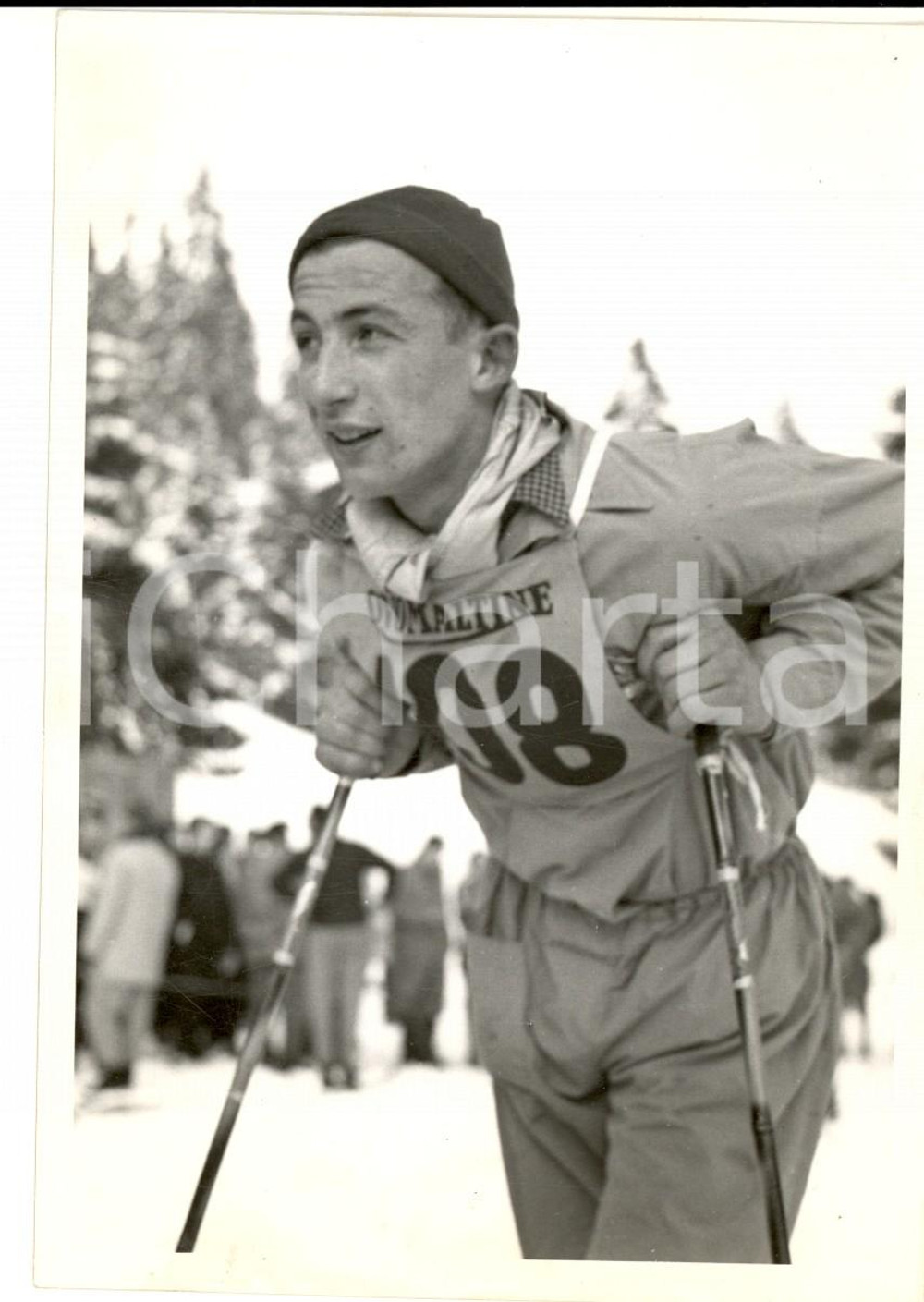 Fotografia d epoca originale 1950 ca SWITZERLAND Campionati SCI ALPINO Lorenz POSSA con gli sci Foto 1