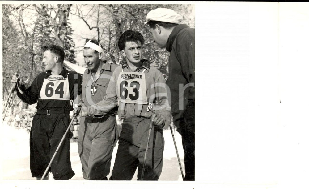 Fotografia d epoca originale 1950 ca SWITZERLAND Campionati SCI Fritz KOCHER Werner ZWIGLI e compagni Foto 1