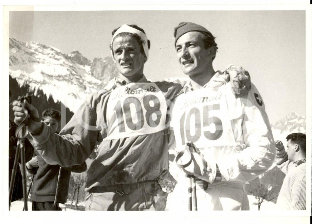 Fotografia d epoca originale 1950 ca SWITZERLAND Campionati SCI ALPINO Victor KRONIG Lorenz POSSA Foto 14x10 1