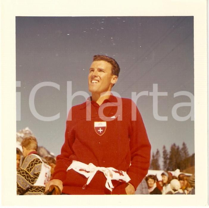 Fotografia d epoca originale 1950 ca SWITZERLAND Campionati SCI ALPINO Ritratto di Nando PAJAROLA Foto 9x9 1