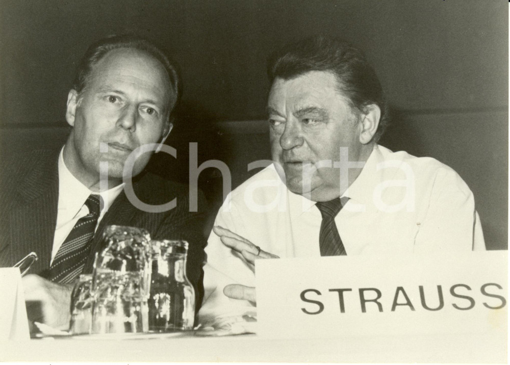 Fotografia d epoca originale 1985 HOF D Jurgen WARNKE e Franz Josef STRAUSS CSU congresso terzo mondo Foto 1