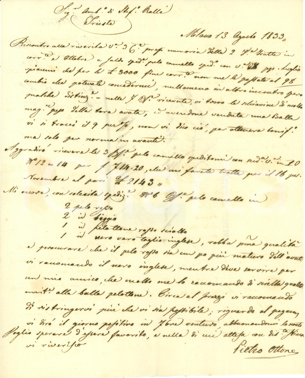 Documento originale, autentico 1833 MILANO Pelo cammello rosso e nero per Pietro OTTONE commerciante Lettera 1