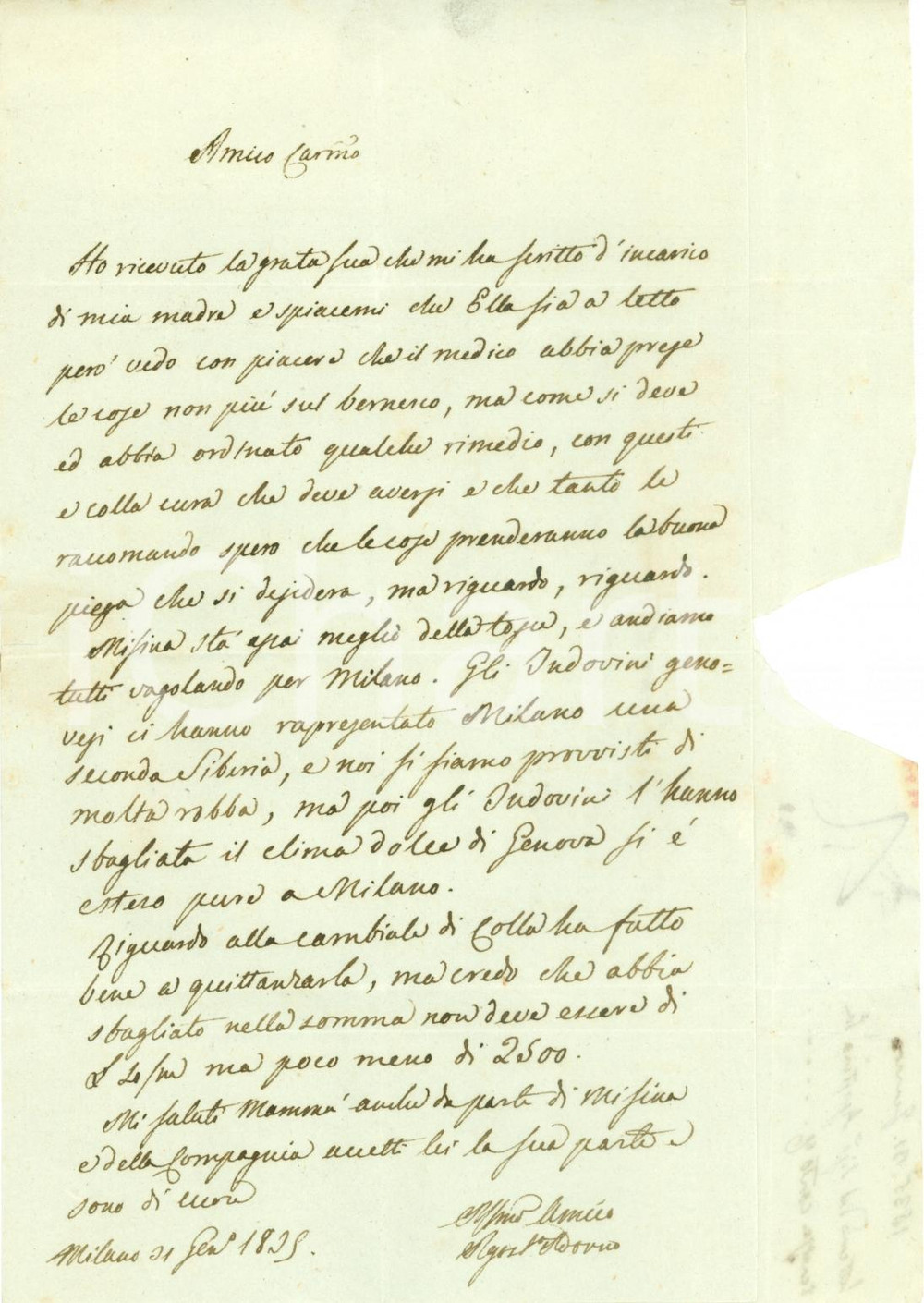 Documento originale, autentico 1835 MILANO Ci aspettavamo la cittÃ  come un altra SIBERIA Agostino ADORNO 1