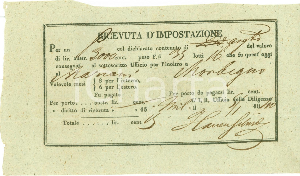 Documento originale, autentico 1840 MORBEGNO SO REGNO LOMBARDOVENETO Invio argento per MARIANI Impostazione 1