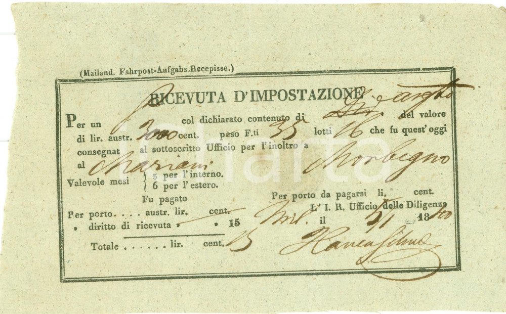 Documento originale, autentico 1840 MORBEGNO SO REGNO LOMBARDOVENETO Invio argento per MARIANI Impostazione 1