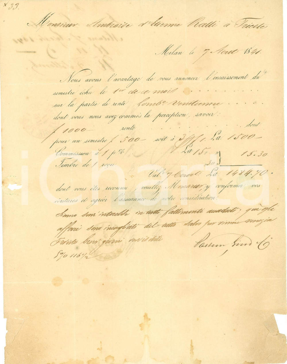 Documento originale, autentico 1841 MILANO Banchieri PASTEUR GIROD Affari sono incagliati del tutto Documento 1