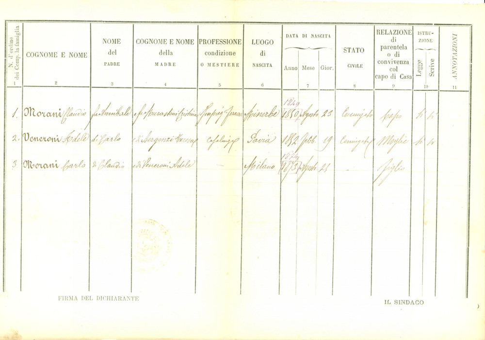 Documento originale, autentico 1877 VALENZA AL Famiglia Claudio MORANI Adele VENERONI si trasferisce da MILANO 1