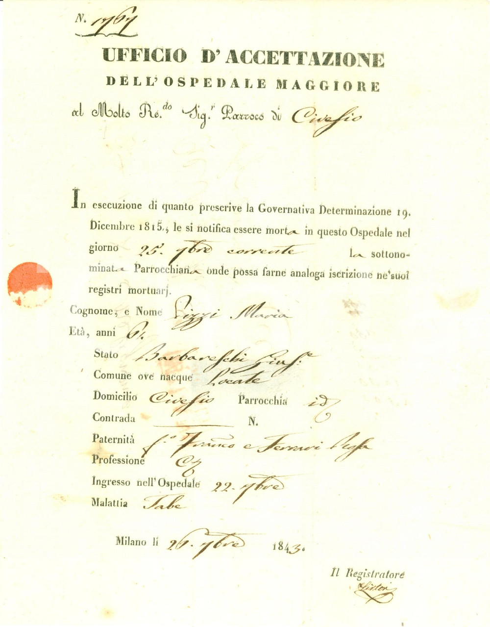 Documento originale, autentico 1843 SAN GIULIANO MILANESE MI Maria PIZZI di CIVESIO morta Ospedale Maggiore 1