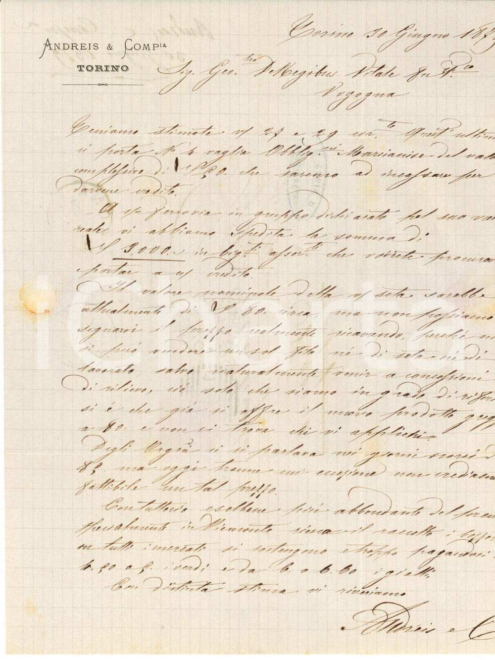 Documento originale, autentico 1879 TORINO Lettera ANDREIS & C. a Vitale DE REGIBUS sul mercato della seta 1