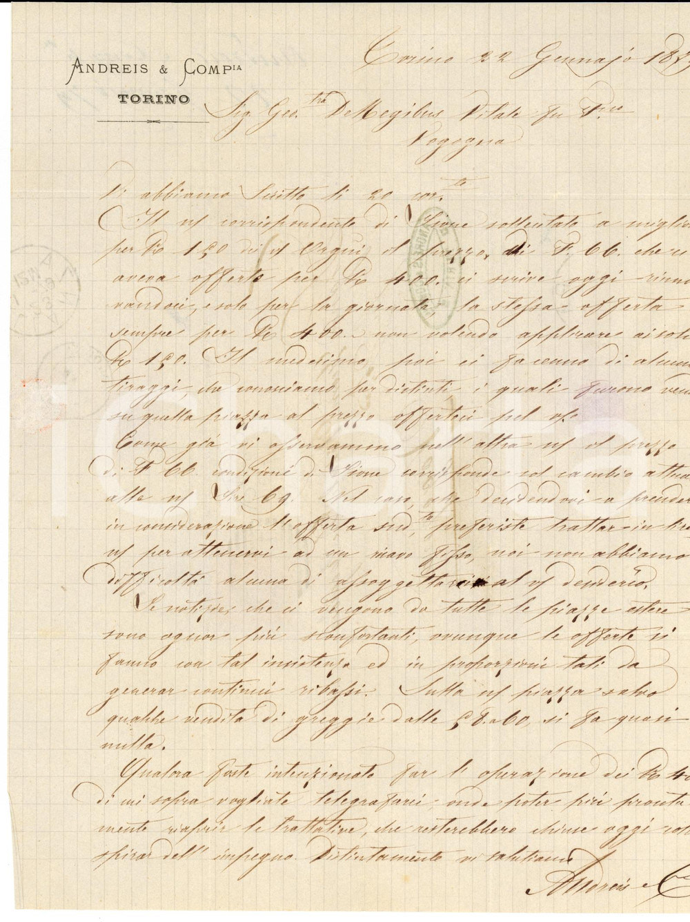 Documento originale, autentico 1879 TORINO Ditta ANDREIS & C. sconfortante mercato della seta all estero 1