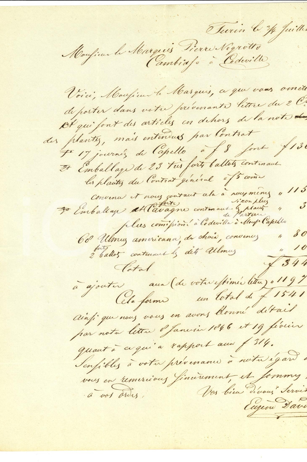 Documento originale, autentico 1846 TORINO Pietro NEGROTTO DI CAMBIASO ordina ulmus americana per l azienda 1