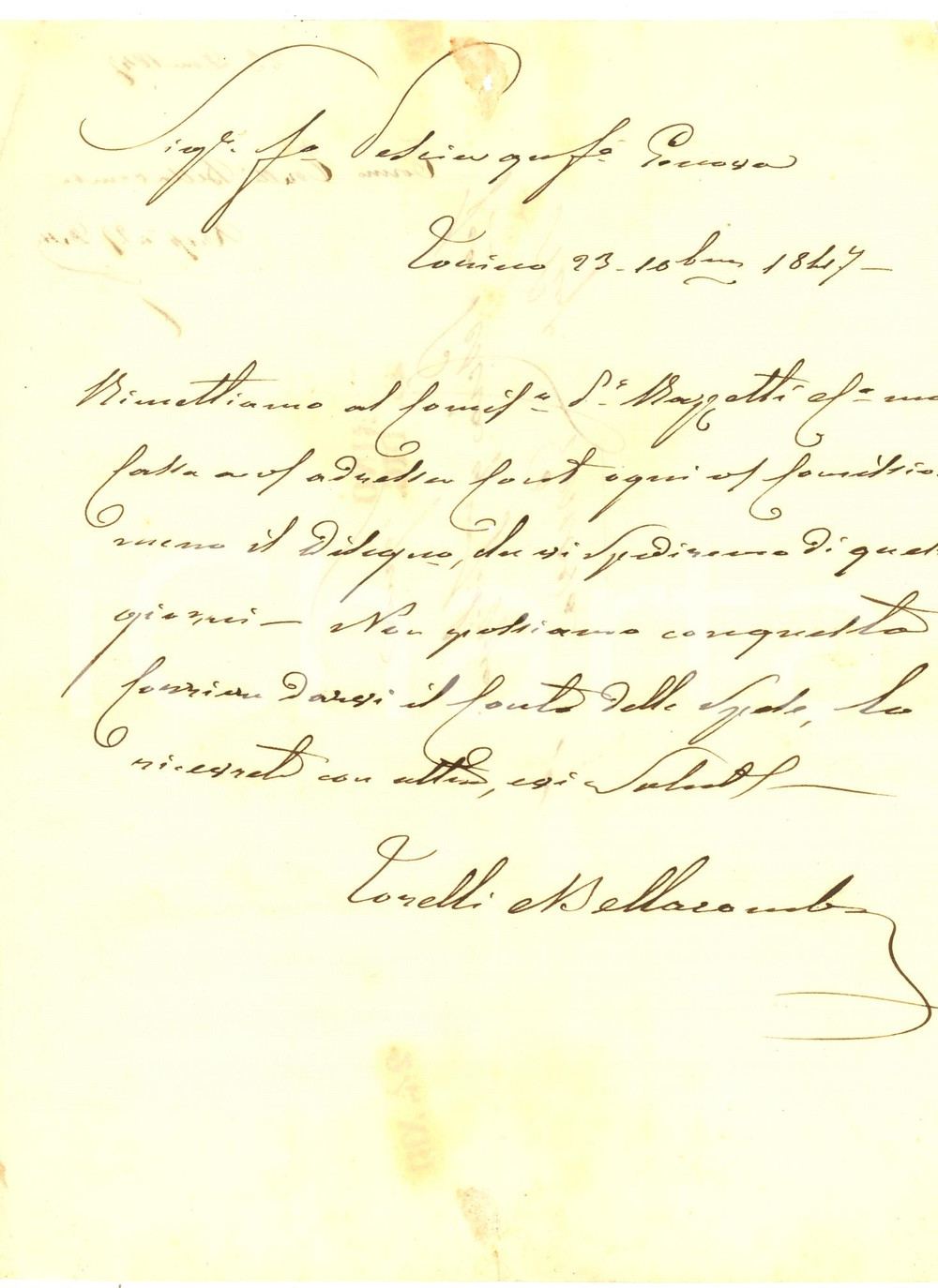 Documento originale, autentico 1847 TORINO Ditta TORELLI BELLACOMBA promette disegno a Francesco PESCIA 1