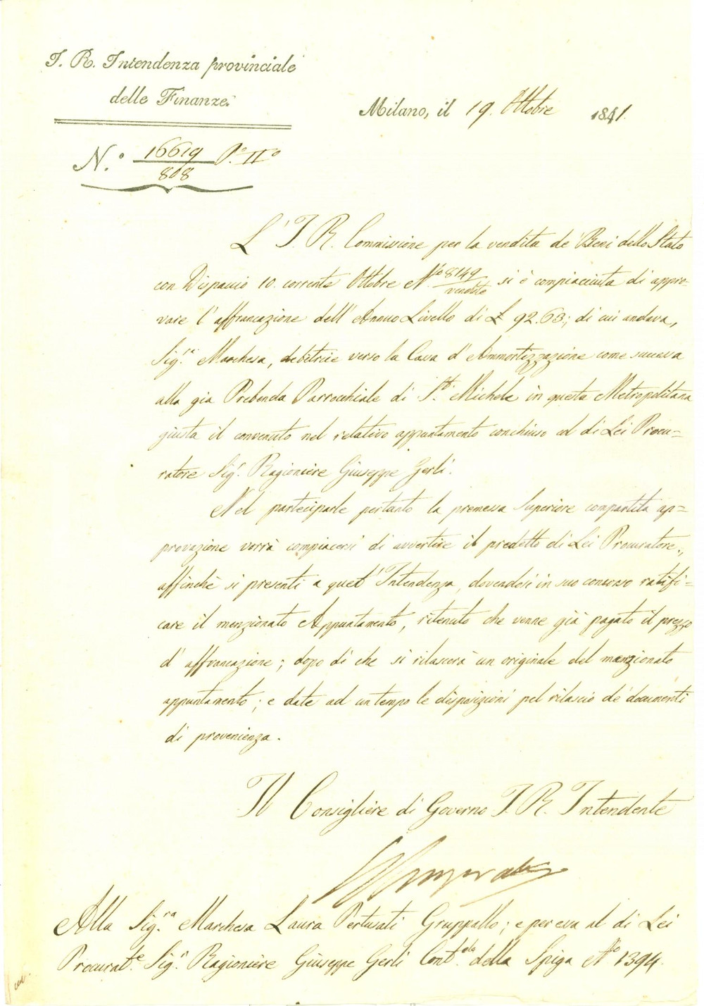 Documento originale, autentico 1841 MILANO Livelli Laura PERTUSATI GROPALLO soppressa Parrocchia SAN MICHELE 1