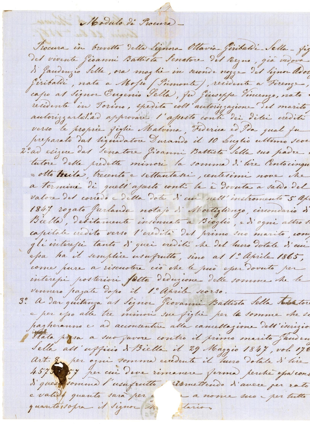 Documento originale, autentico 1865 TORINO Procura Ottavia SELLA GIRIBALDI per figlie minori e saldo corredo 1