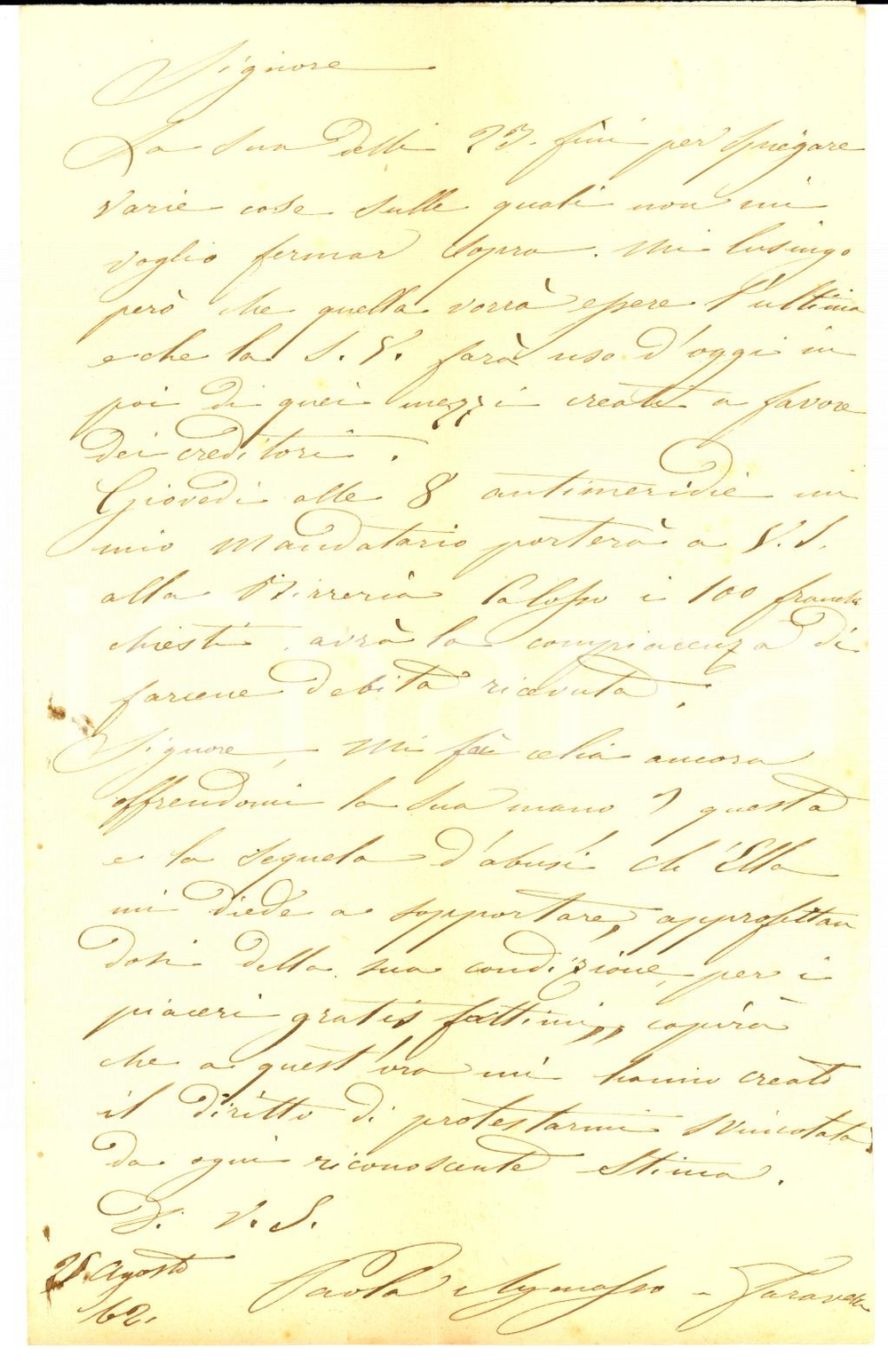 Manoscritto, lettera originale 1862 TORINO Paola AYMASSO FARAVELLI ricattata dall agente Luigi ZANOTTI 1
