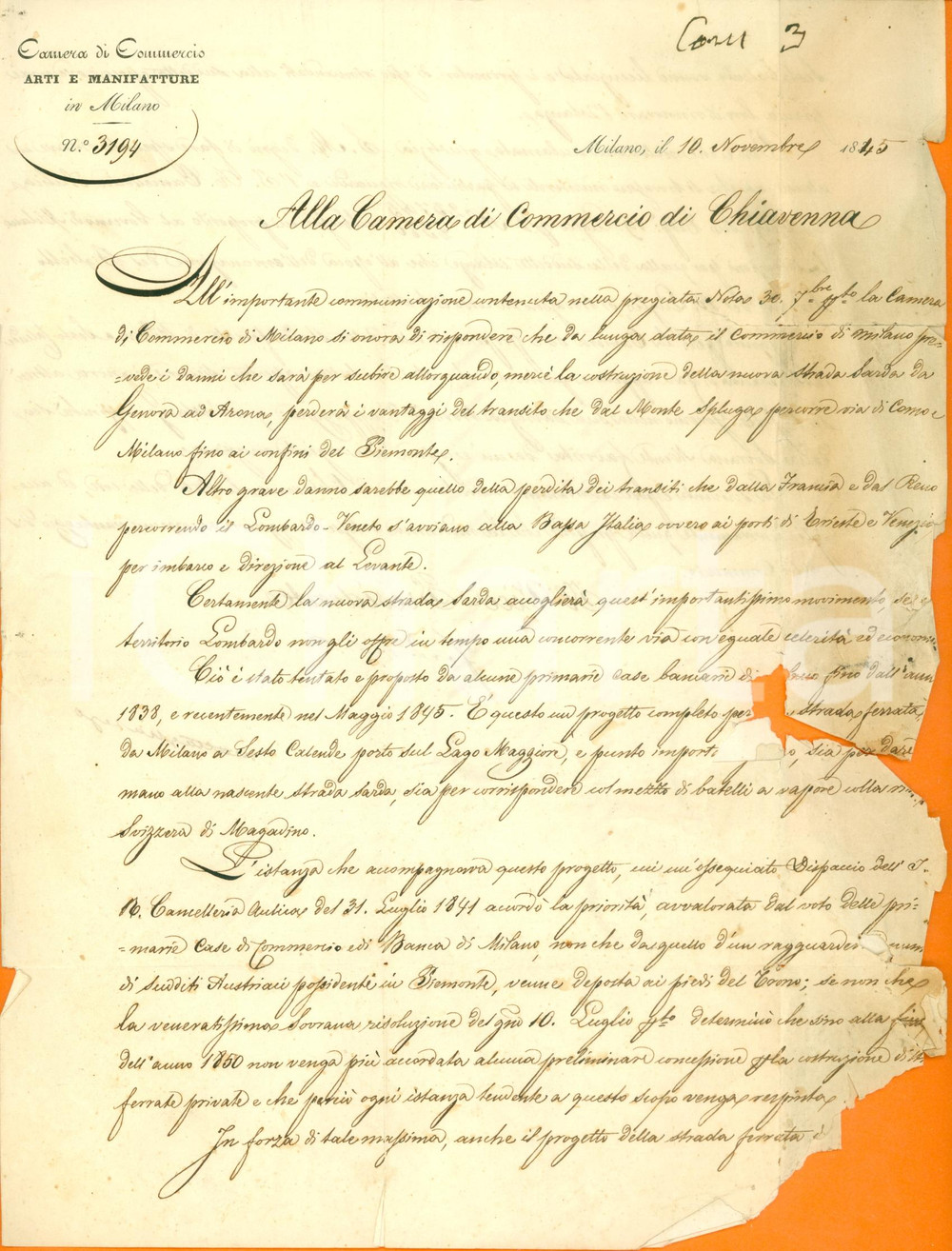 Documento originale, autentico 1845 MILANO Nuova strada ferrata SESTO CALENDE Lettera GRAVEMENTE DANNEGGIATA 1
