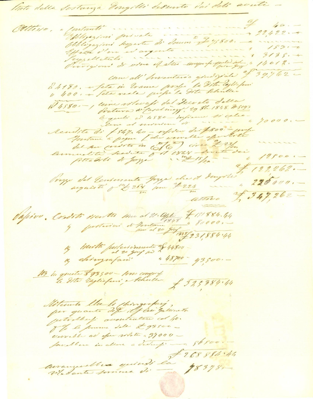 Documento originale, autentico 1850 ca MILANO Stato beni e rendite famiglia DONGILLI Lettera prefilatelica 1