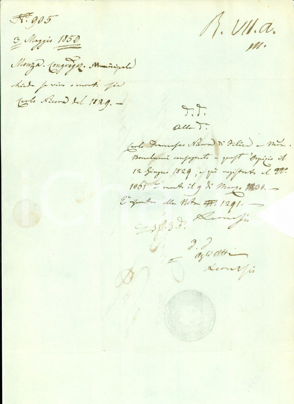 Documento originale, autentico 1850 MONZA MB Carlo Francesco NICORA Ã¨ morto in Ospizio Documento 1