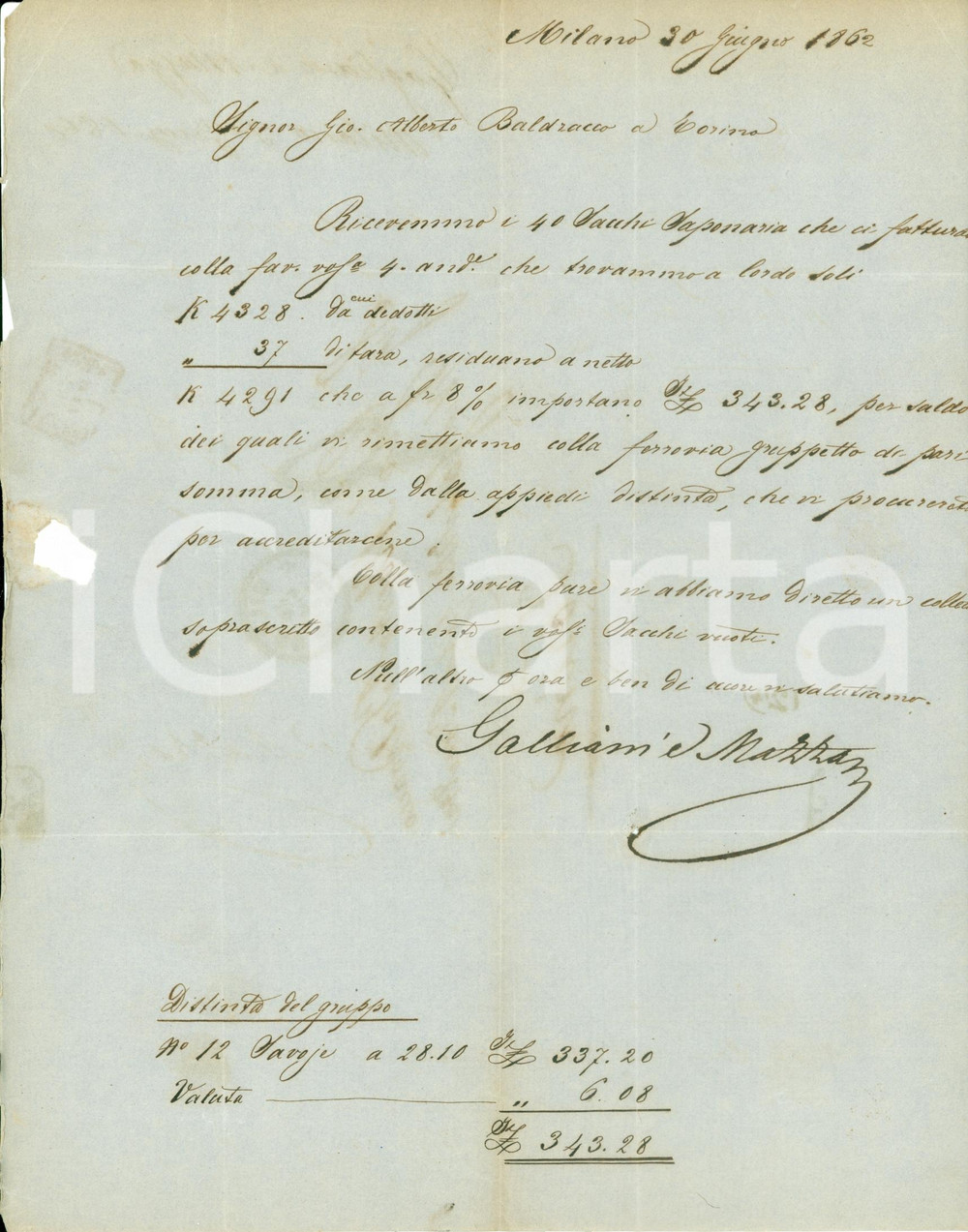 Documento originale, autentico 1862 MILANO Ditta GALLIANI & MAZZA riceve saponaria Giovanni Alberto BALDRACCO 1