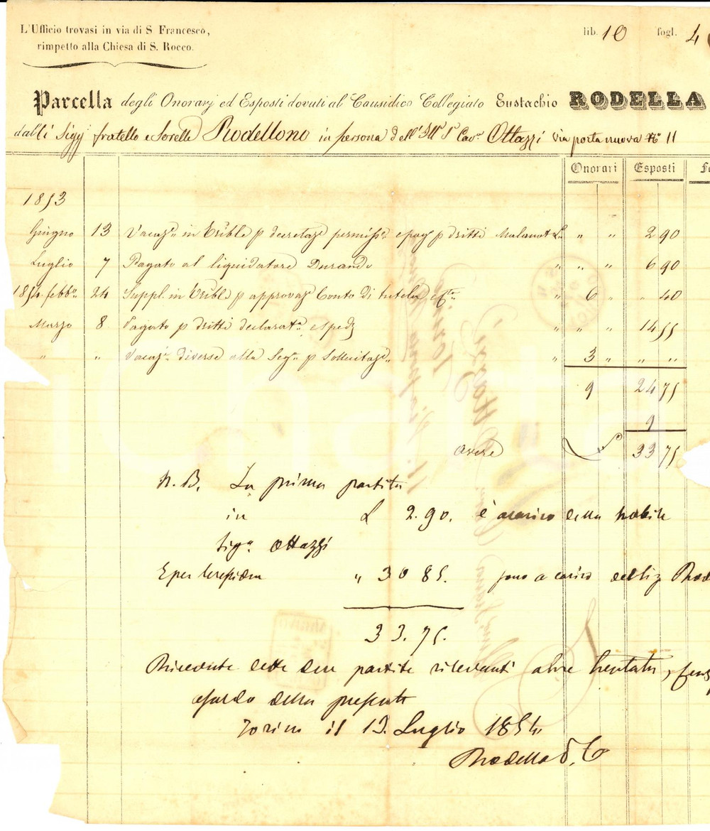 Manoscritto, lettera originale 1854 TORINO Parcella di Eustachio RODELLA causidico collegiato Prefilatelica 1
