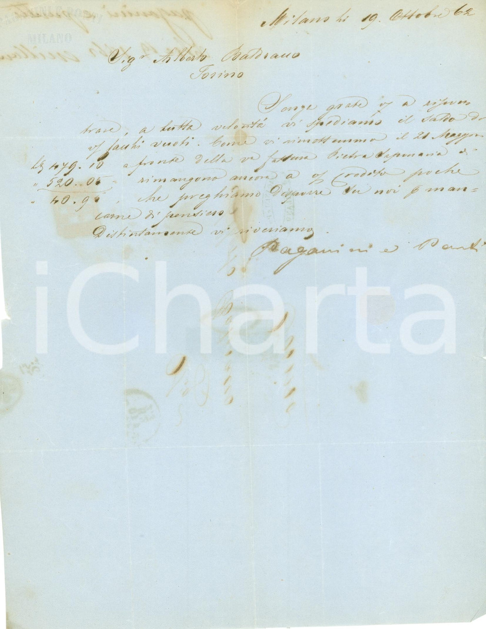 Documento originale, autentico 1862 MILANO Ditta PAGANINI PONTI riceve sacchi vuoti Giovanni Alberto BALDRACCO 1