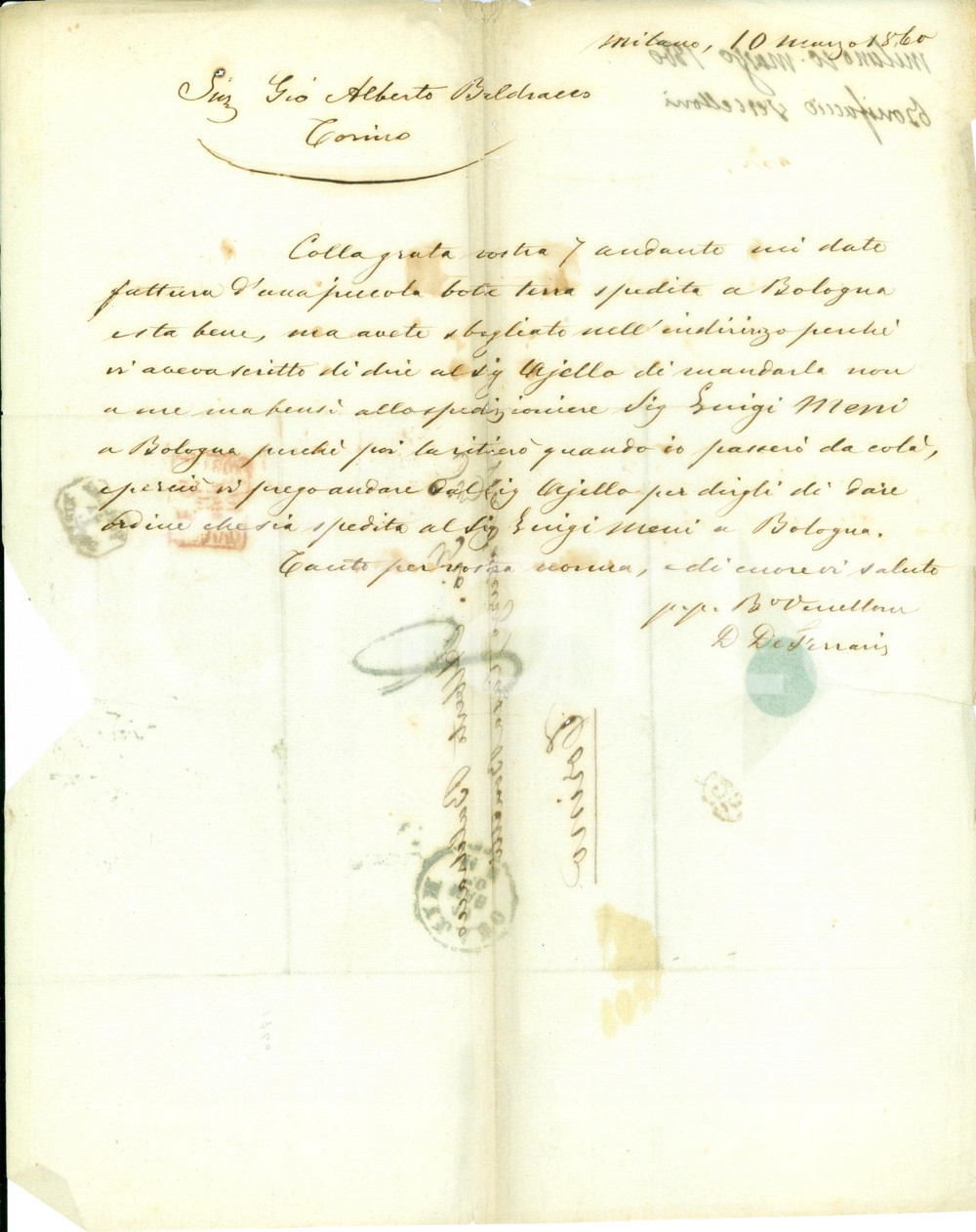 Documento originale, autentico 1860 MILANO Bonifacio VERCELLONI attende botte terra Giovanni Alberto BALDRACCO 1