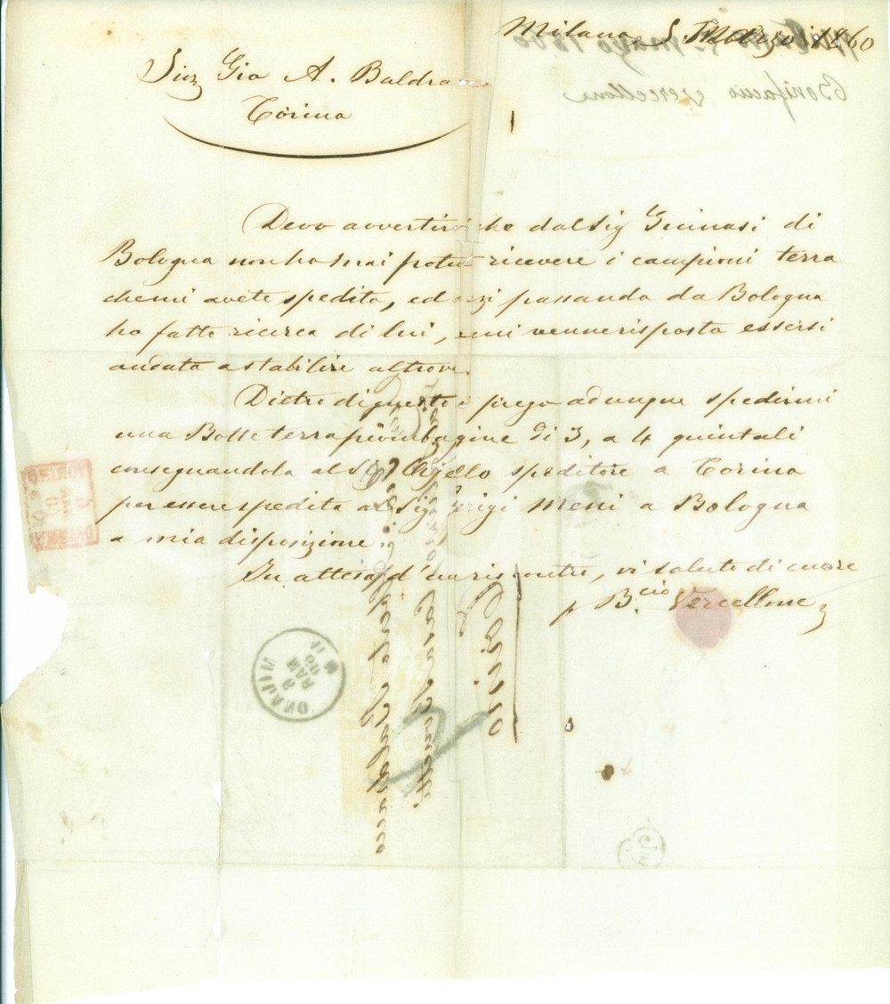Documento originale, autentico 1860 MILANO Bonifacio VERCELLONI beffato resta senza campioni di terra Lettera 1