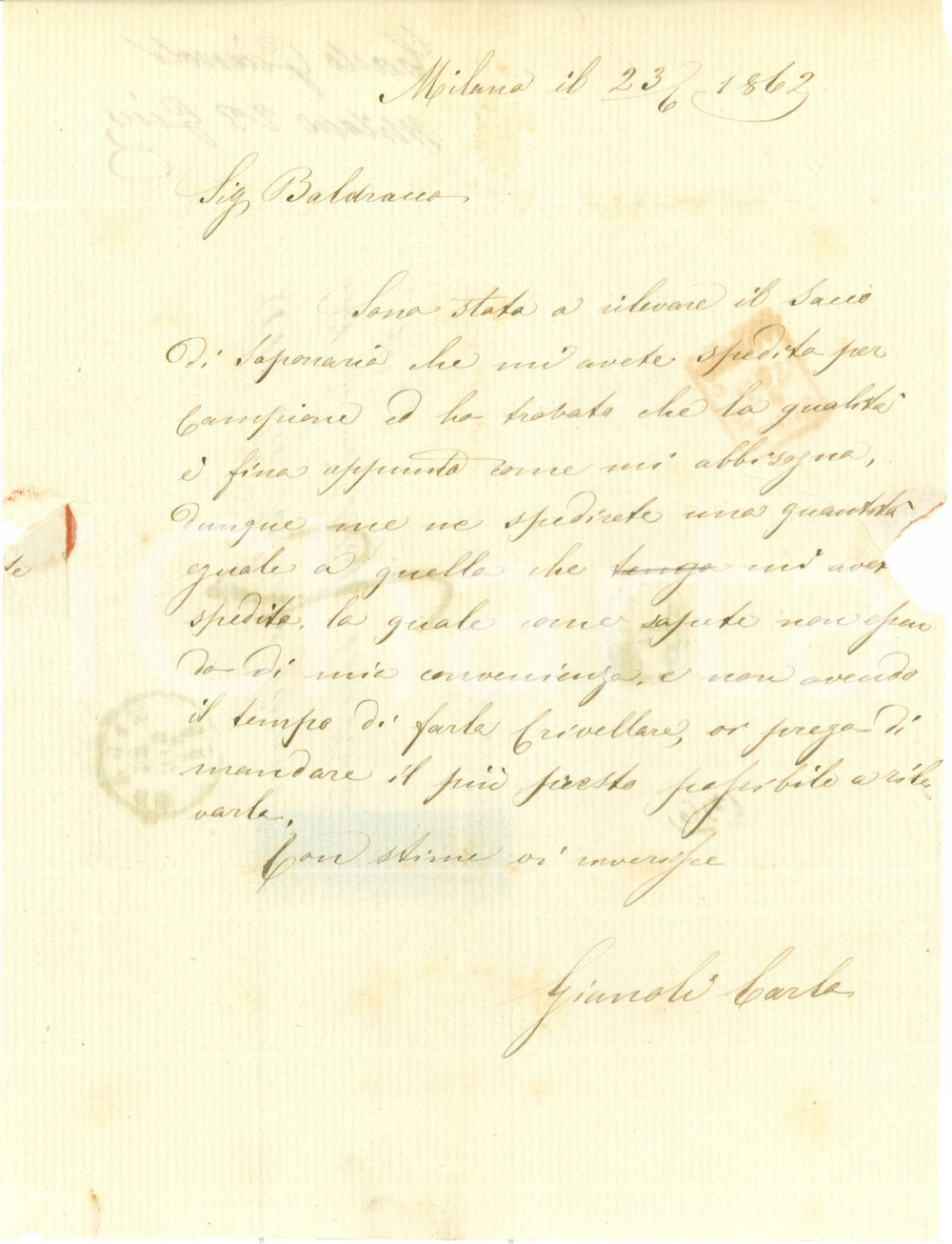 Documento originale, autentico 1862 MILANO Carlo GIANOLI ordina saponaria fine a Giovanni Alberto BALDRACCO 1