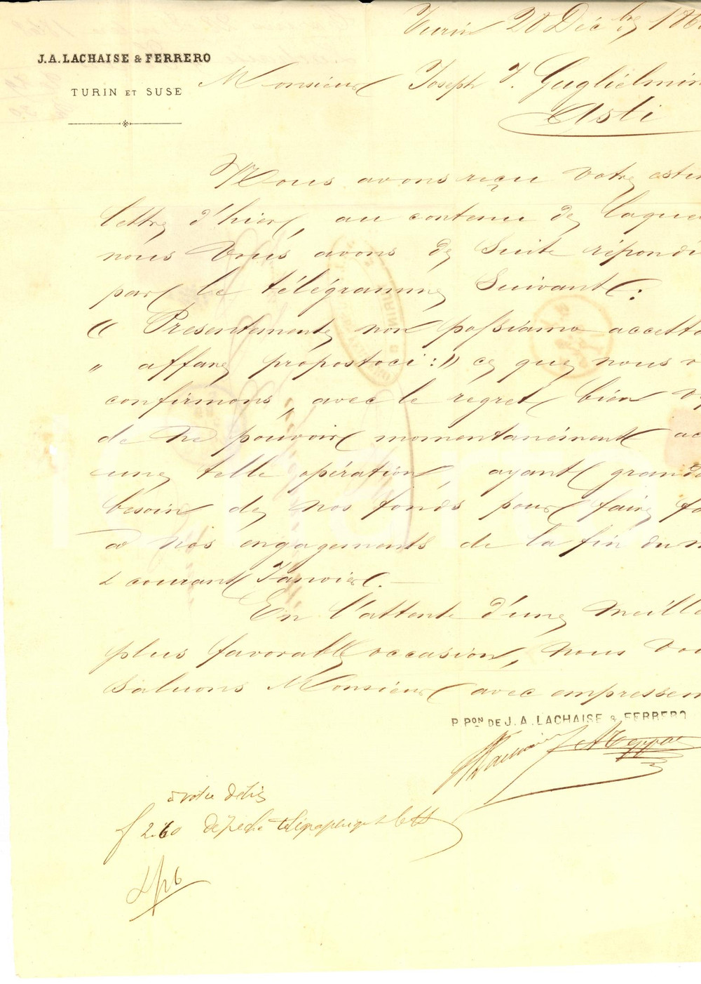 Manoscritto, lettera originale 1868 TORINO Banchieri J. A. LACHAISE & FERRERO rifiutano prestito ad un birraio 1