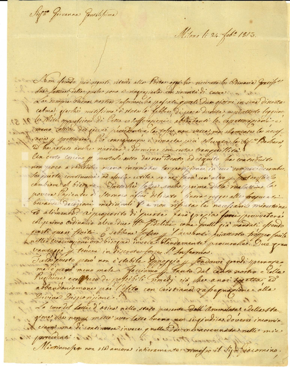 Manoscritto, lettera originale 1813 MILANO Notizie a Giovanna GRILLO CATTANEO su malattia marchesa BRIGNOLE 1