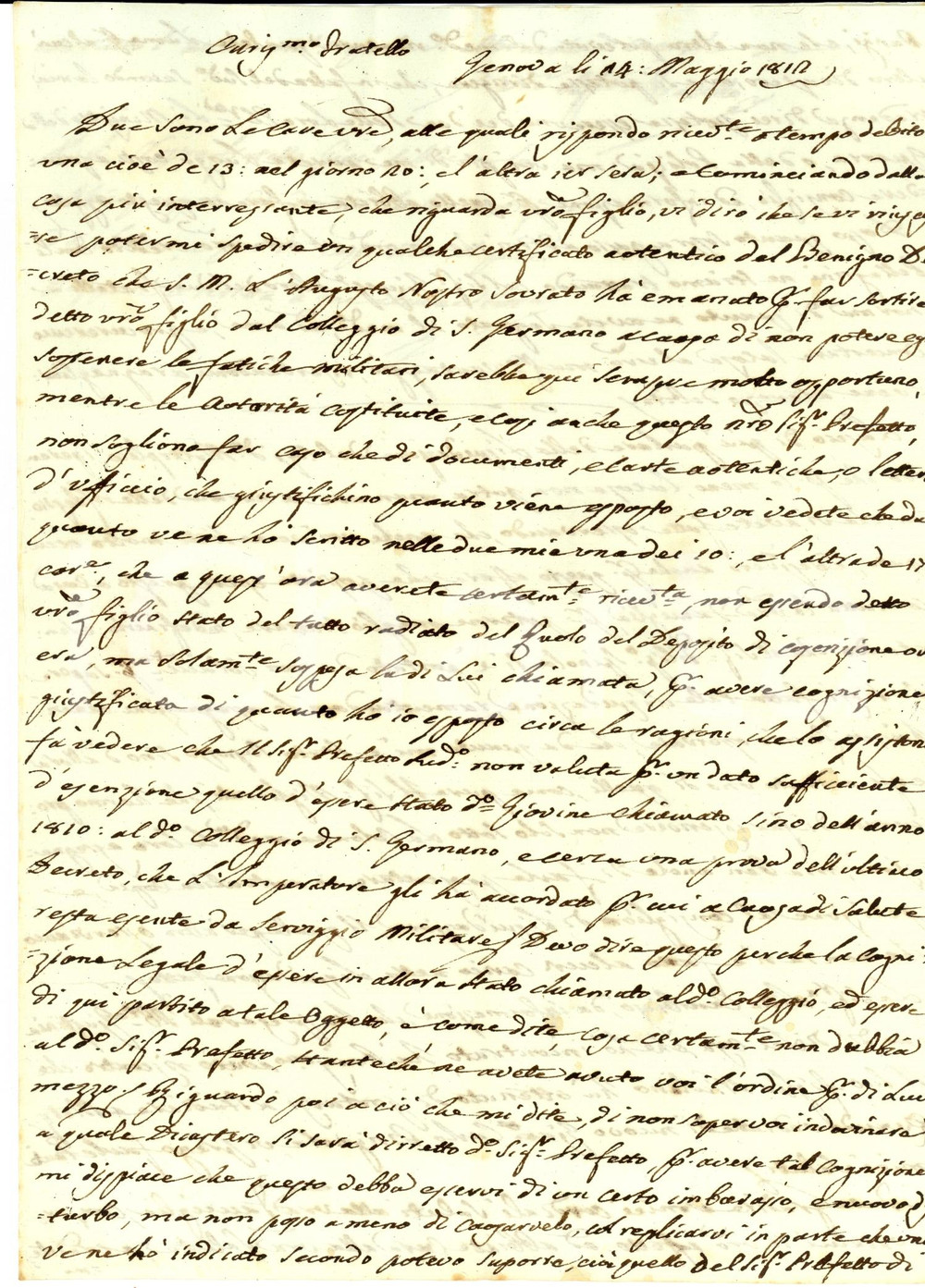 Manoscritto, lettera originale 1812 GENOVA Agostino ADORNO esonerato da vita militare Autografo Pasquale ADORNO 1