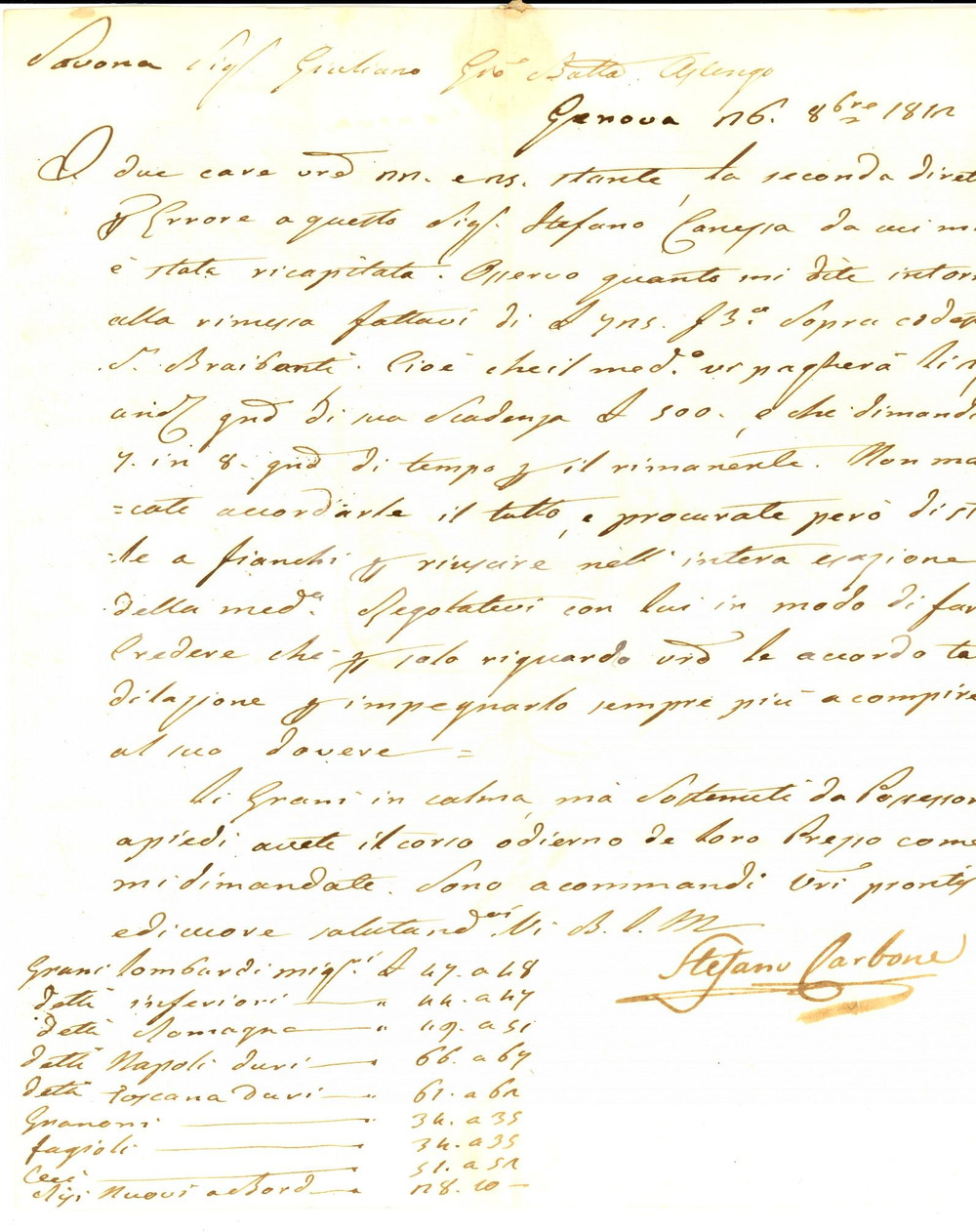 Manoscritto, lettera originale 1812 GENOVA Stefano CARBONE a Giovanni Battista ASTENGO per riscossione crediti 1