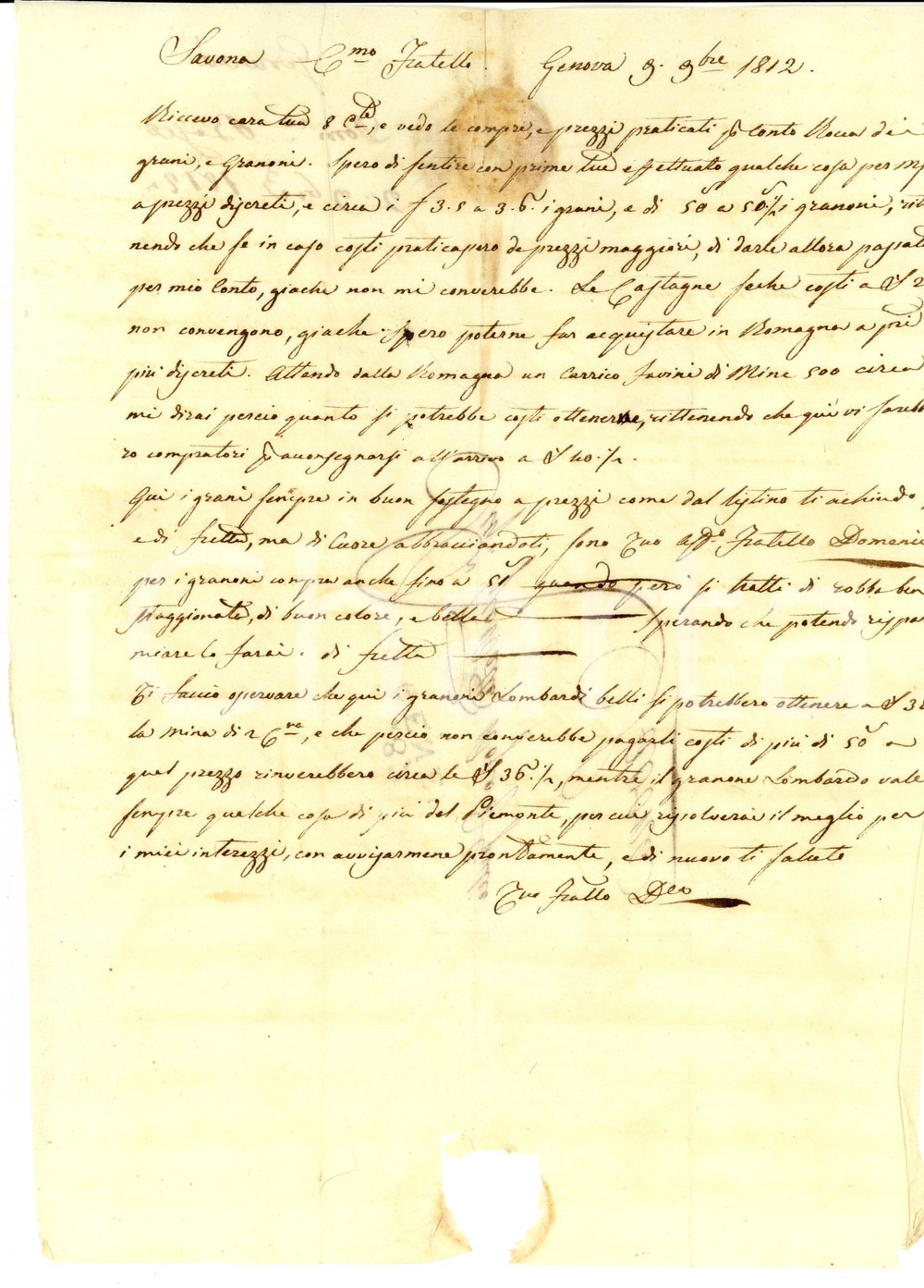 Manoscritto, lettera originale 1812 GENOVA Domenico BOSCO scrive al fratello sul prezzo del granone lombardo 1