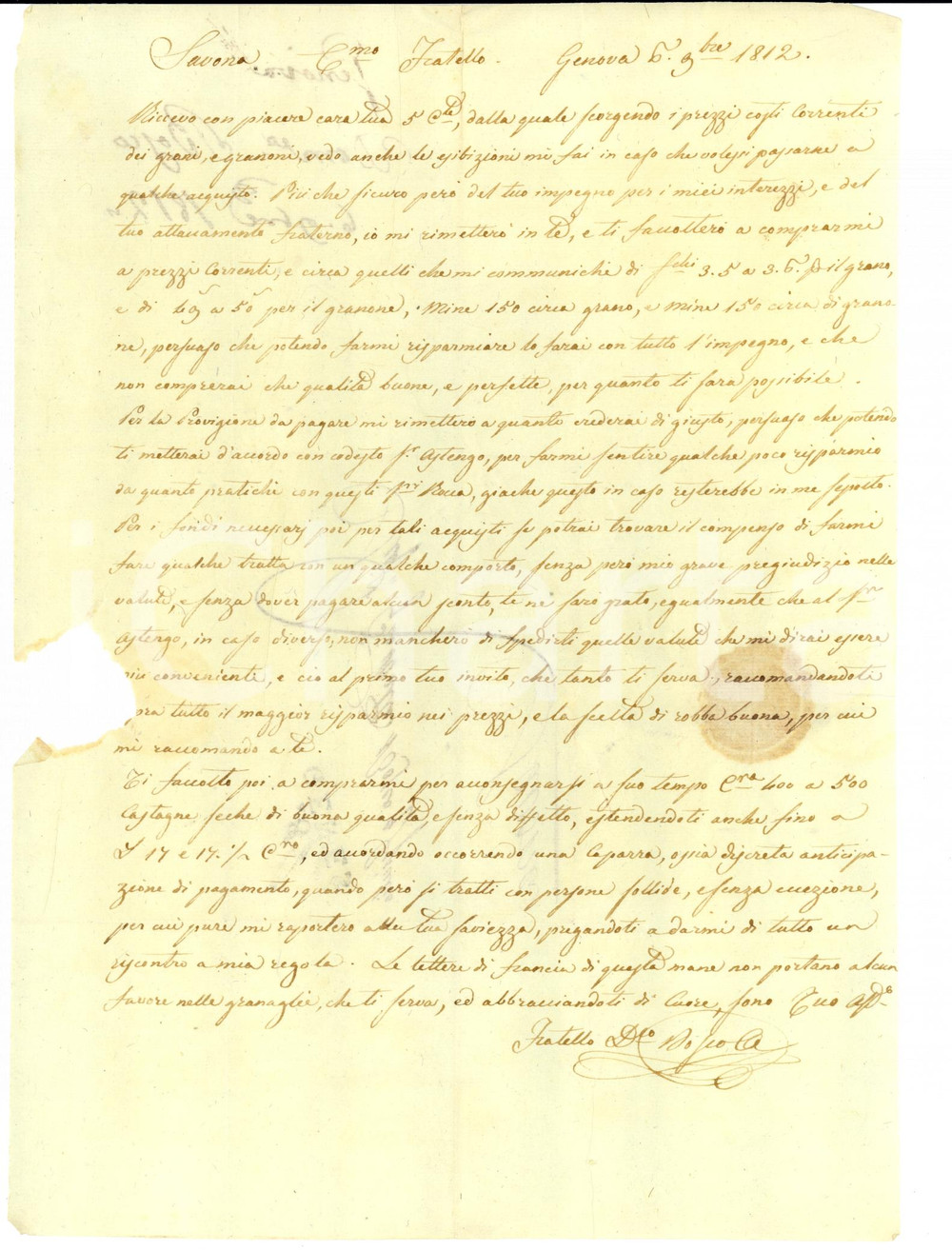Manoscritto, lettera originale 1812 GENOVA Domenico BOSCO chiede grano e granone al fratello Prefilatelica 1