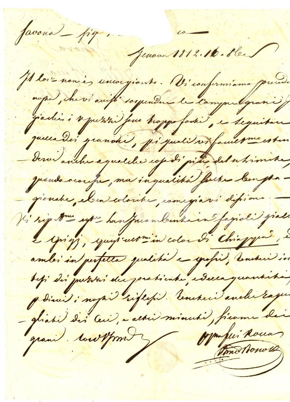 Manoscritto, lettera originale 1812 GENOVA Giovanni Battista BOSCO sospende acquisto grano per rialzo prezzi 1