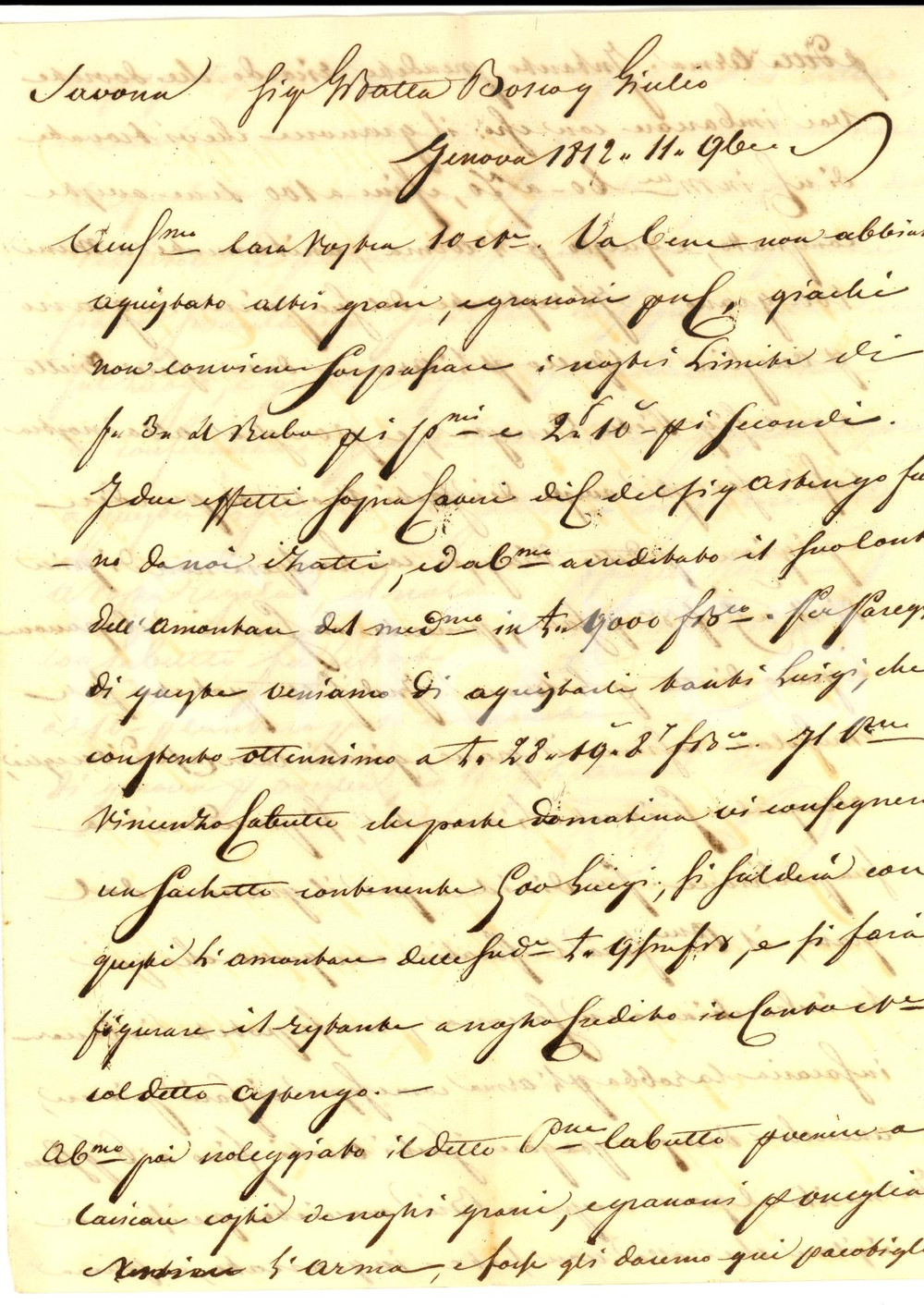 Manoscritto, lettera originale 1812 GENOVA Fratelli ROCCA chiedono a Giovanni Battista BOSCO imbarco di granone 1