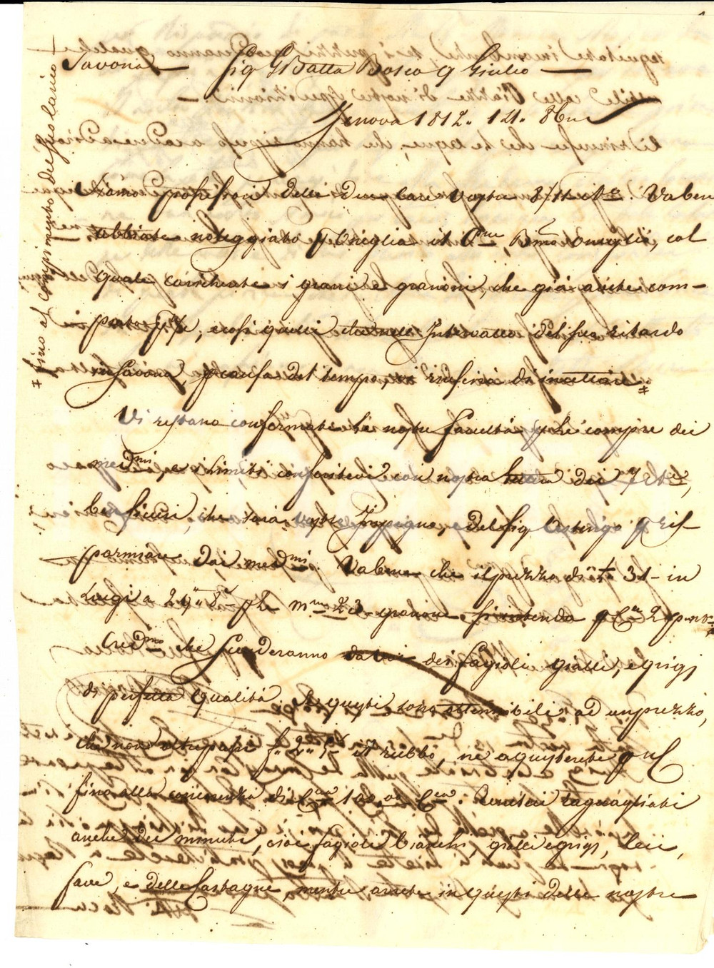 Manoscritto, lettera originale 1812 GENOVA Giovanni Battista BOSCO non compra grano per il maltempo 1