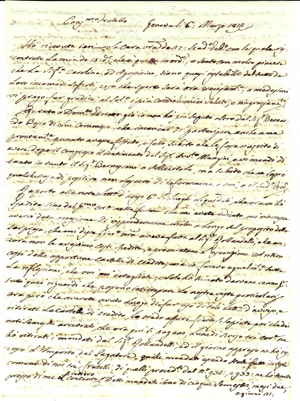 Manoscritto, lettera originale 1812 GENOVA Pasquale PERELLI affitta bottega rosolio AUTOGRAFO Pasquale ADORNO 1