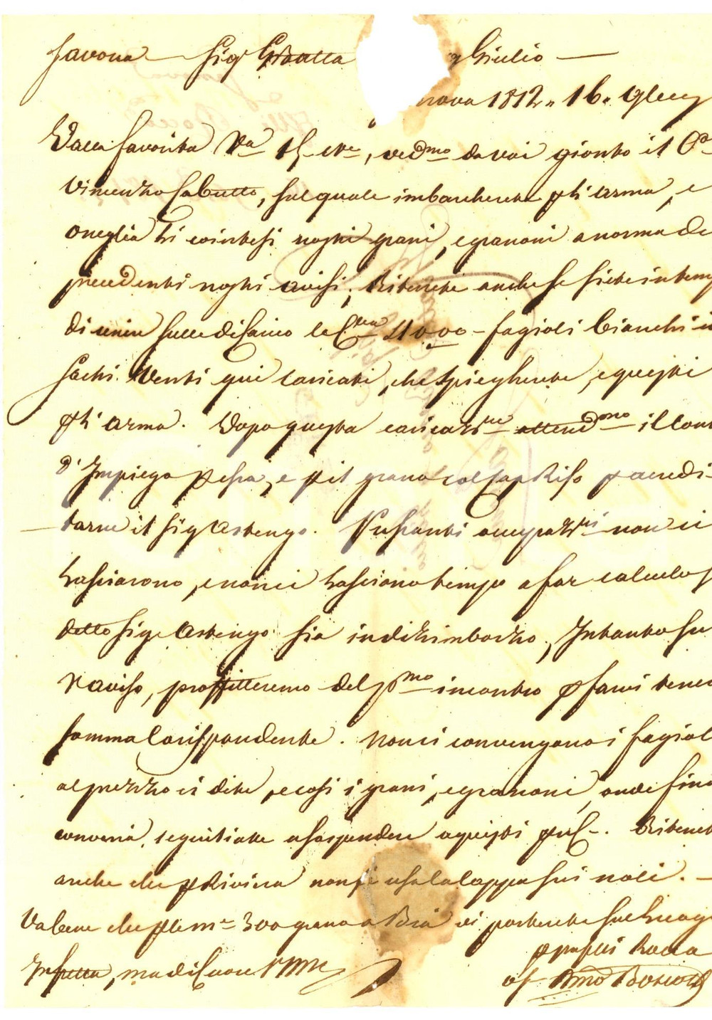 Manoscritto, lettera originale 1812 GENOVA Fratelli ROCCA imbarcano grano e fagioli per ARMA e ONEGLIA 1