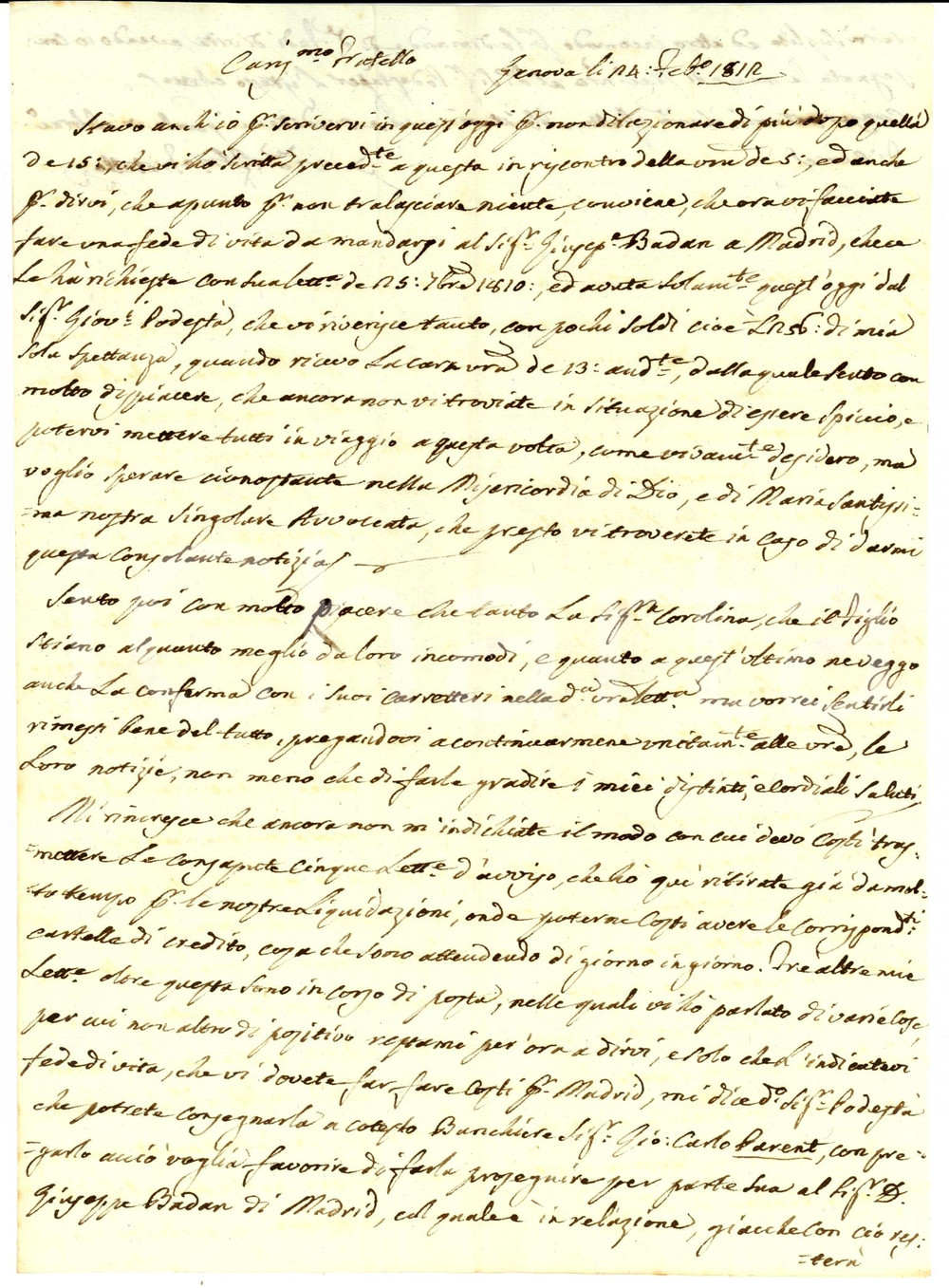 Manoscritto, lettera originale 1812 GENOVA Marchese Pasquale ADORNO riscuote crediti di famiglia AUTOGRAFO 1