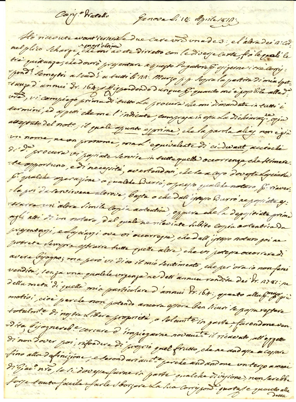 Manoscritto, lettera originale 1812 GENOVA Marchese Pasquale ADORNO contro la vendita delle rendite AUTOGRAFO 1